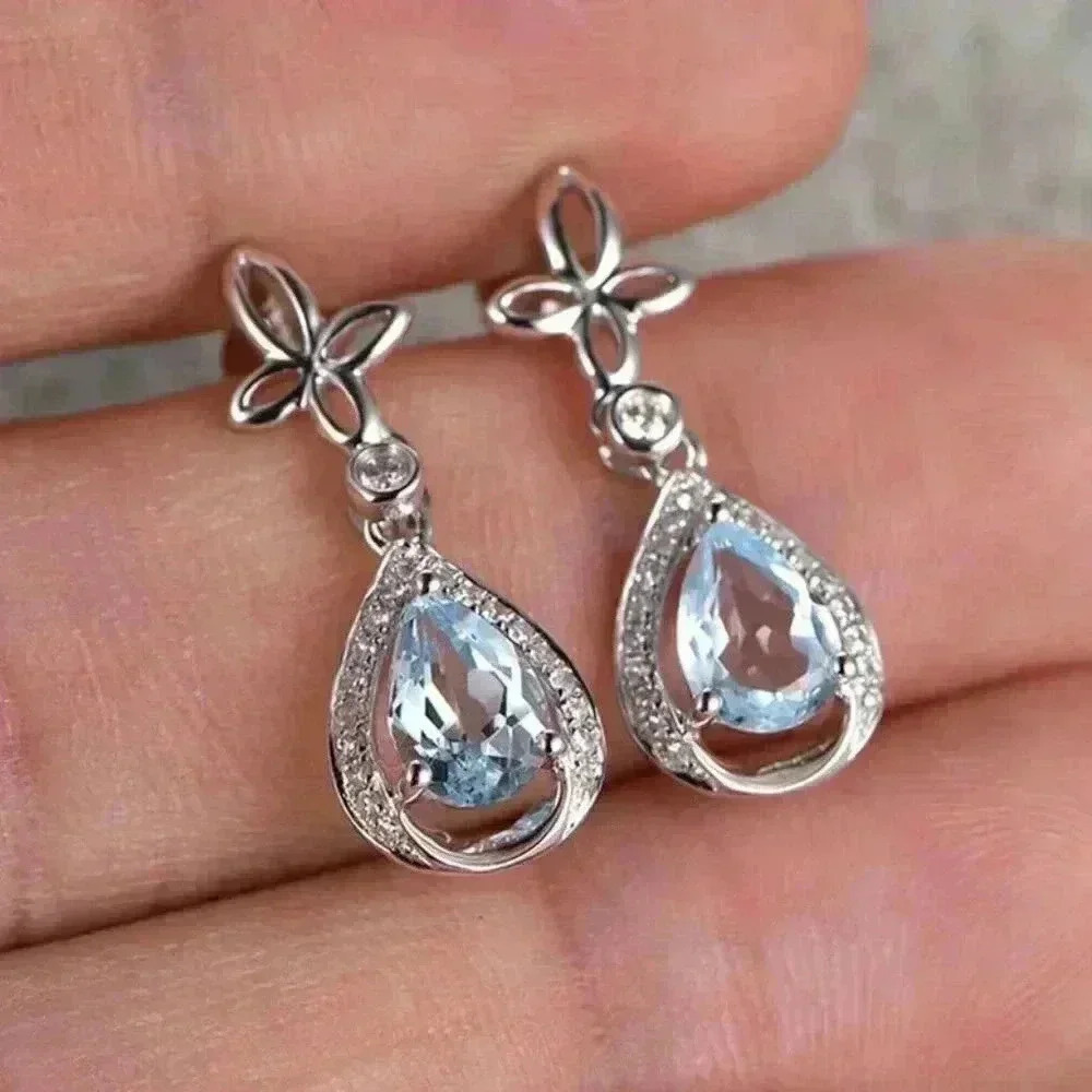 NEW 14k Gold Over Silver Aquamarine White Sapphire Drop Earrings